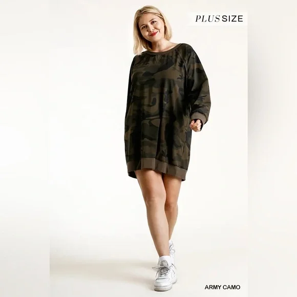 Umgee French Terry Camo Print Raw Edged Dress - Picture 2 of 3